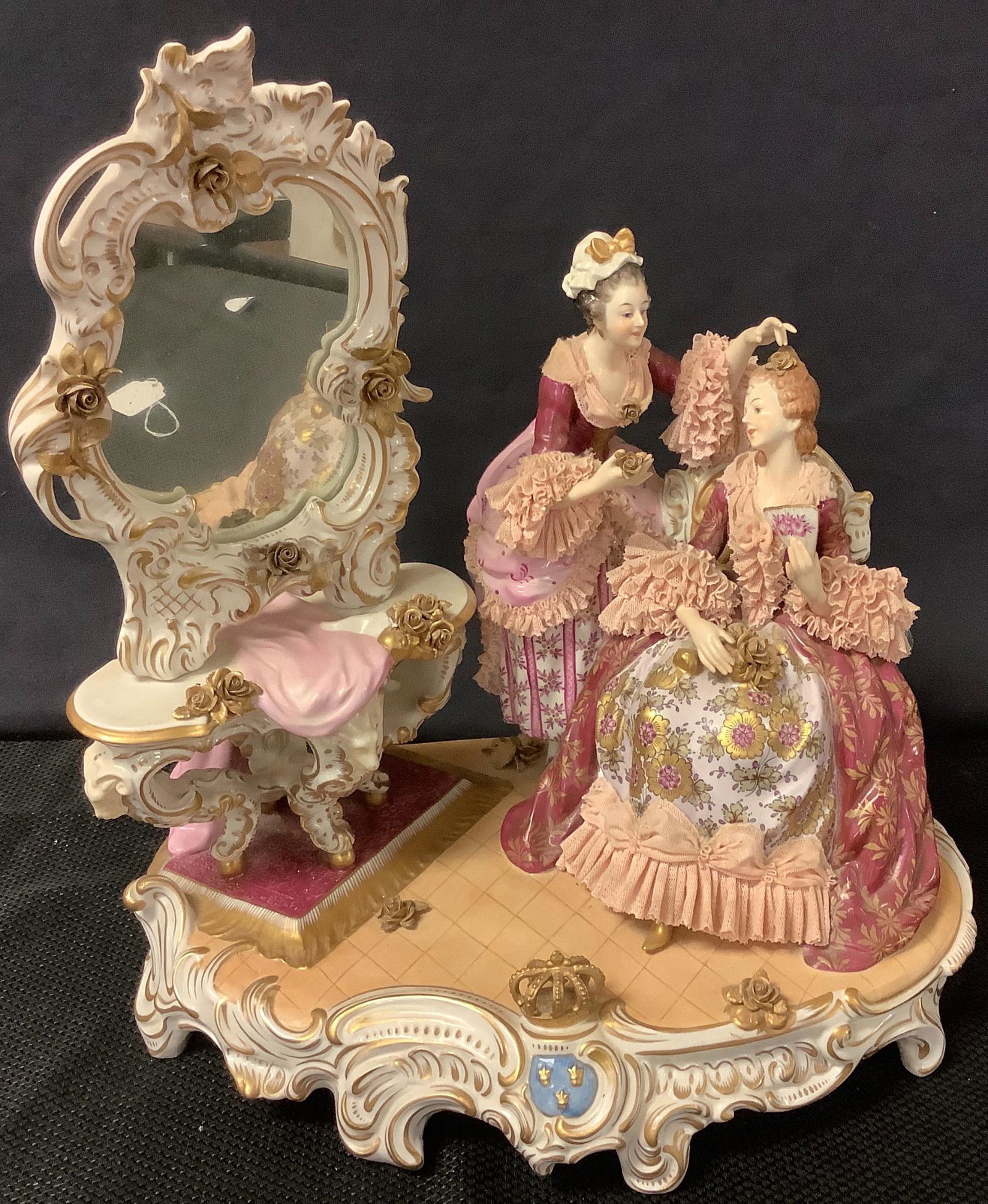 Dresden Volkstedt figurine â€œtwo ladies w/ mirrorâ€ (1 of 3)