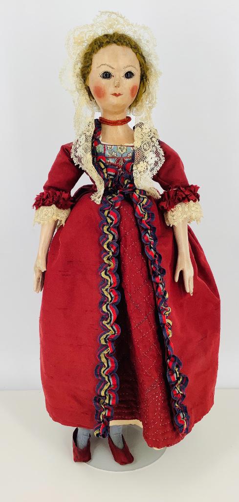 Artist created Queen Anne-type lady by Sandra Wright: Artist created Queen Anne-type lady by Sandra Wright Justiss. 18" wood composite doll with applied human hair wig, inset glass eyes, molded nose, fully articulated body, cloth upper arms. Right thumb