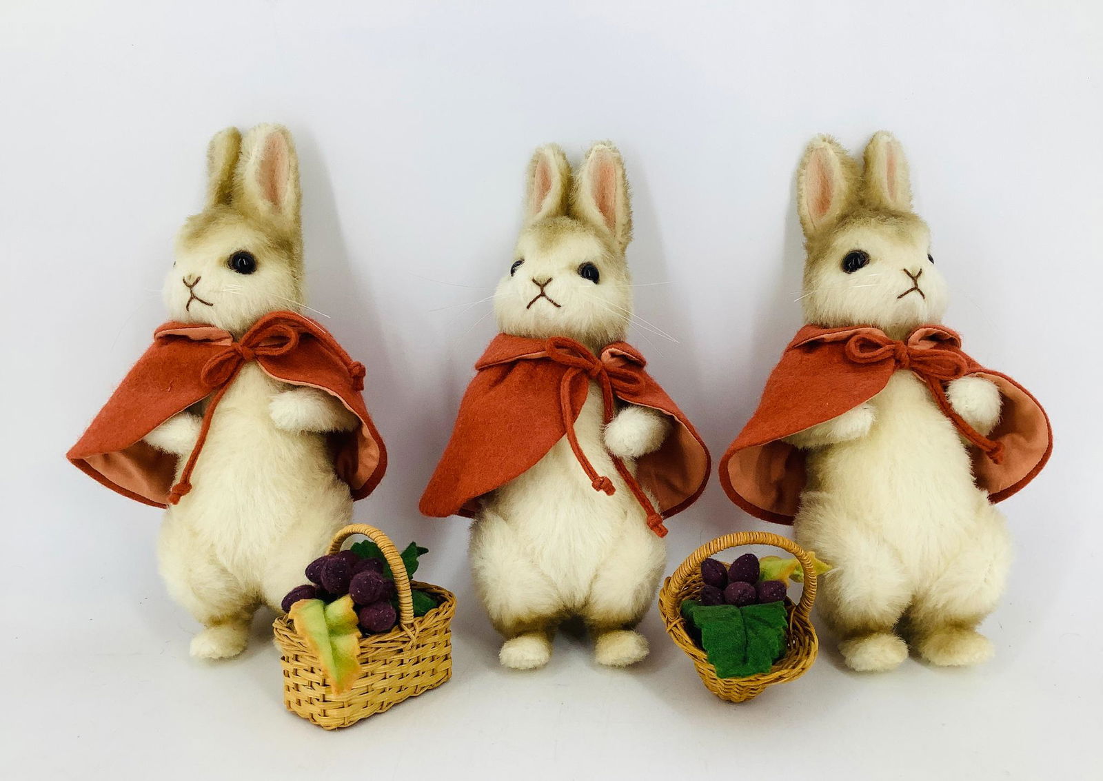 Mohair plush "Flopsy, Mopsy & Cotton-Tail" by R. John: Mohair plush "Flopsy, Mopsy & Cotton-Tail" by R. John Wright. From the Beatrix Potter collection, set includes three 8" fully-jointed rabbits with embroidered features and glass eyes, each wearing a f