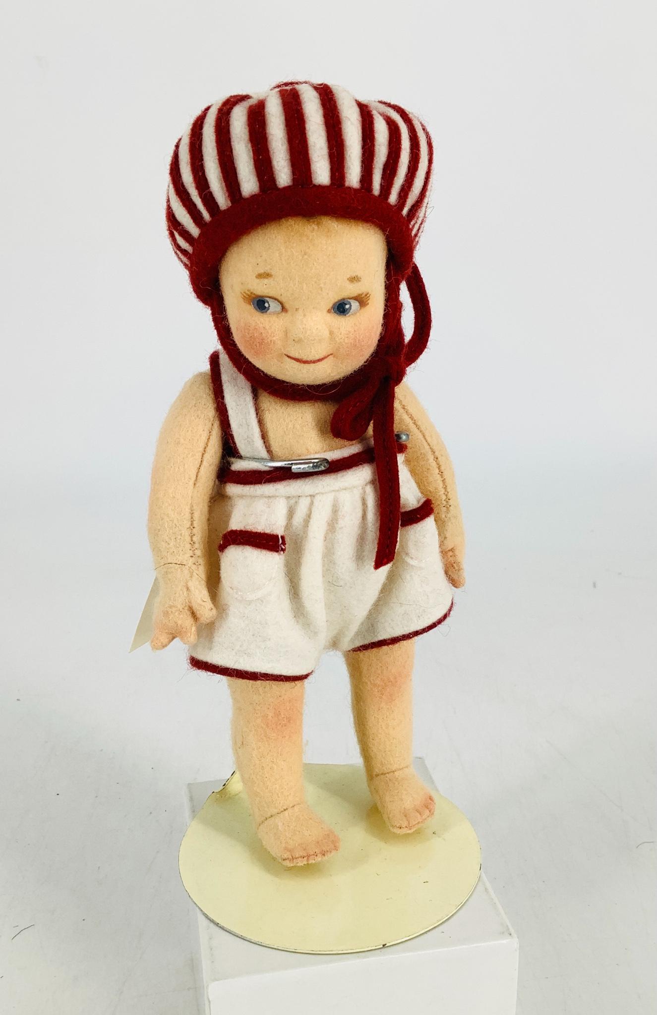 All felt "Peppermint Pal" by R. John Wright. 6 1/2": All felt "Peppermint Pal" by R. John Wright. 6 1/2" Scootles doll with molded and painted hair and facial features, on five-piece body with disk jointed arms and legs, starfish hands. Limited Edition