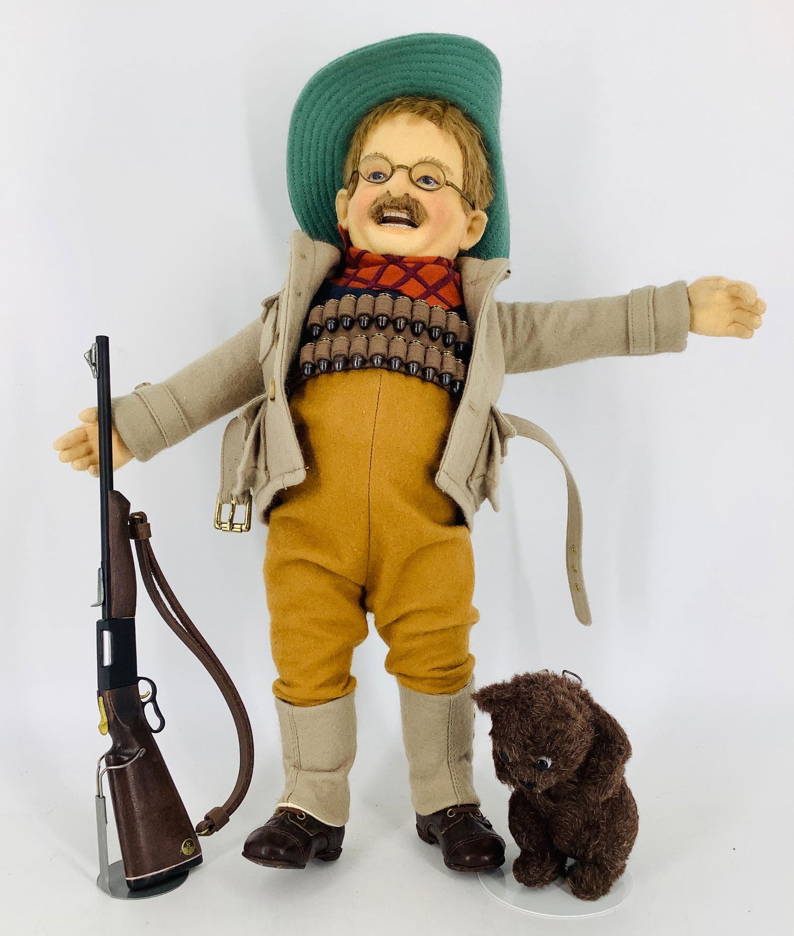 "Mississippi Bear Hunt" by R. John Wright. Includes 15": "Mississippi Bear Hunt" by R. John Wright. Includes 15" fully jointed all wool felt Teddy Roosevelt with molded and painted facial features, mohair wig, wool felt hunting costume, leather shoes, brass