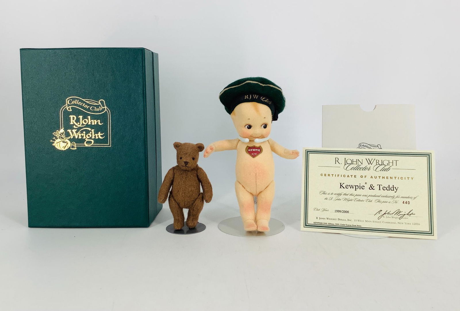 "Kewpie & Teddy" by R. John Wright. Made exclusively: "Kewpie & Teddy" by R. John Wright. Made exclusively for the R. John Wright Collector Club 1999/2000, Kewpie is 6" all wool felt, fully jointed, with molded and painted facial features, RJW Kewpie lab