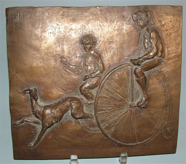 BRONZE OVER PLASTER RND WALL PLAQUE BOYS AND HOUN: BRONZE OVER PLASTER RND WALL PLAQUE BOYS AND HOUND, SIGNED 9 1/2"L