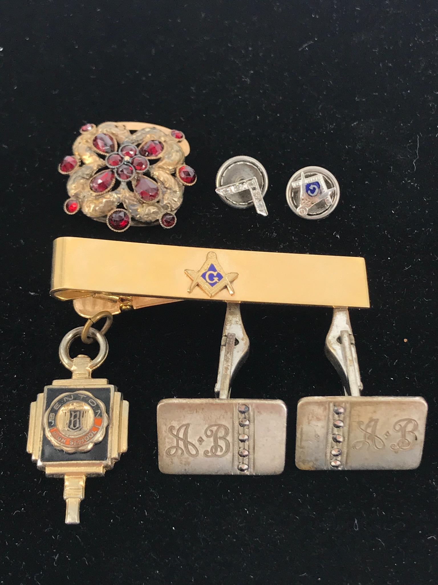Vintage Jewelry & Accessories: Vintage Jewelry & Accessories Vintage gold filled Masonic tie clip, one miscellenious gold plated jewelry piece featuring garnet accent stones - likely Victorian, one pair of sterling silver cufflinks