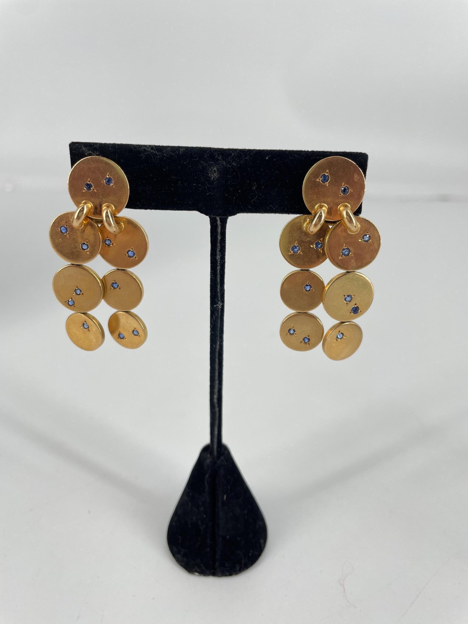 18kt Yellow Gold Disk Dangle Earrings with Blue (1 of 4)