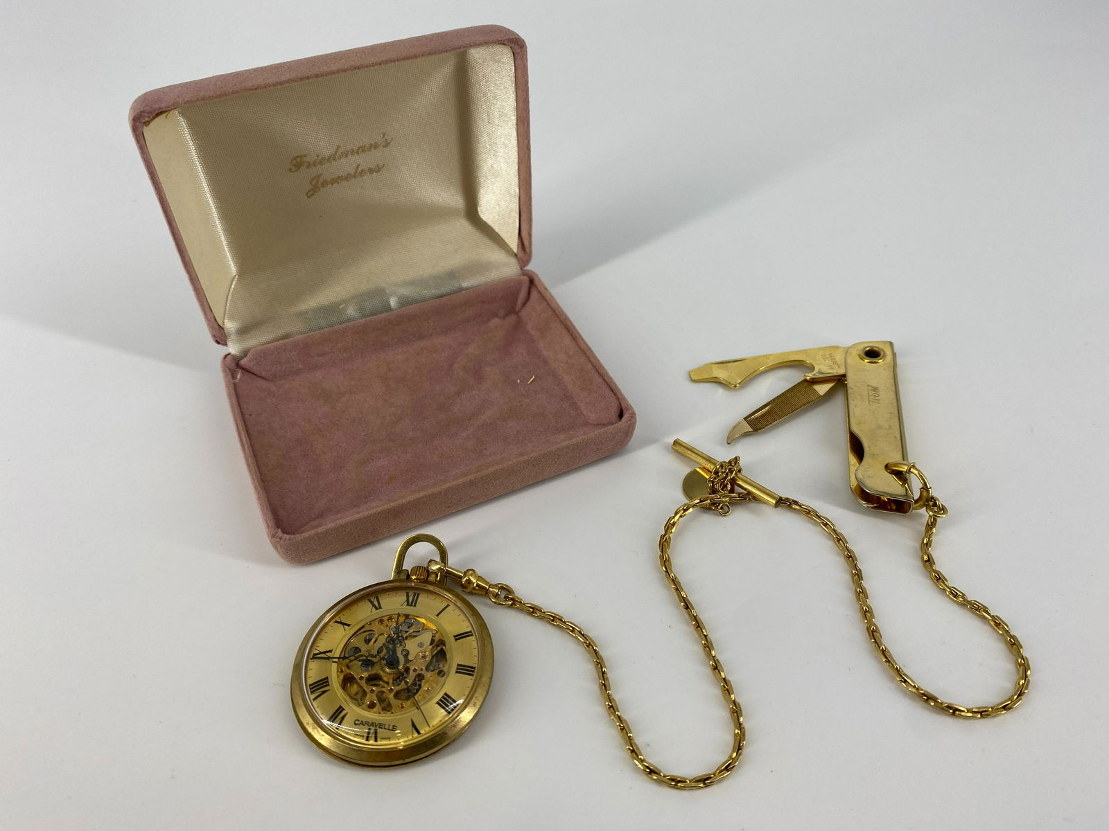 Yellow Metal Pocket Watch with Chain and Attached Knife (1 of 10)