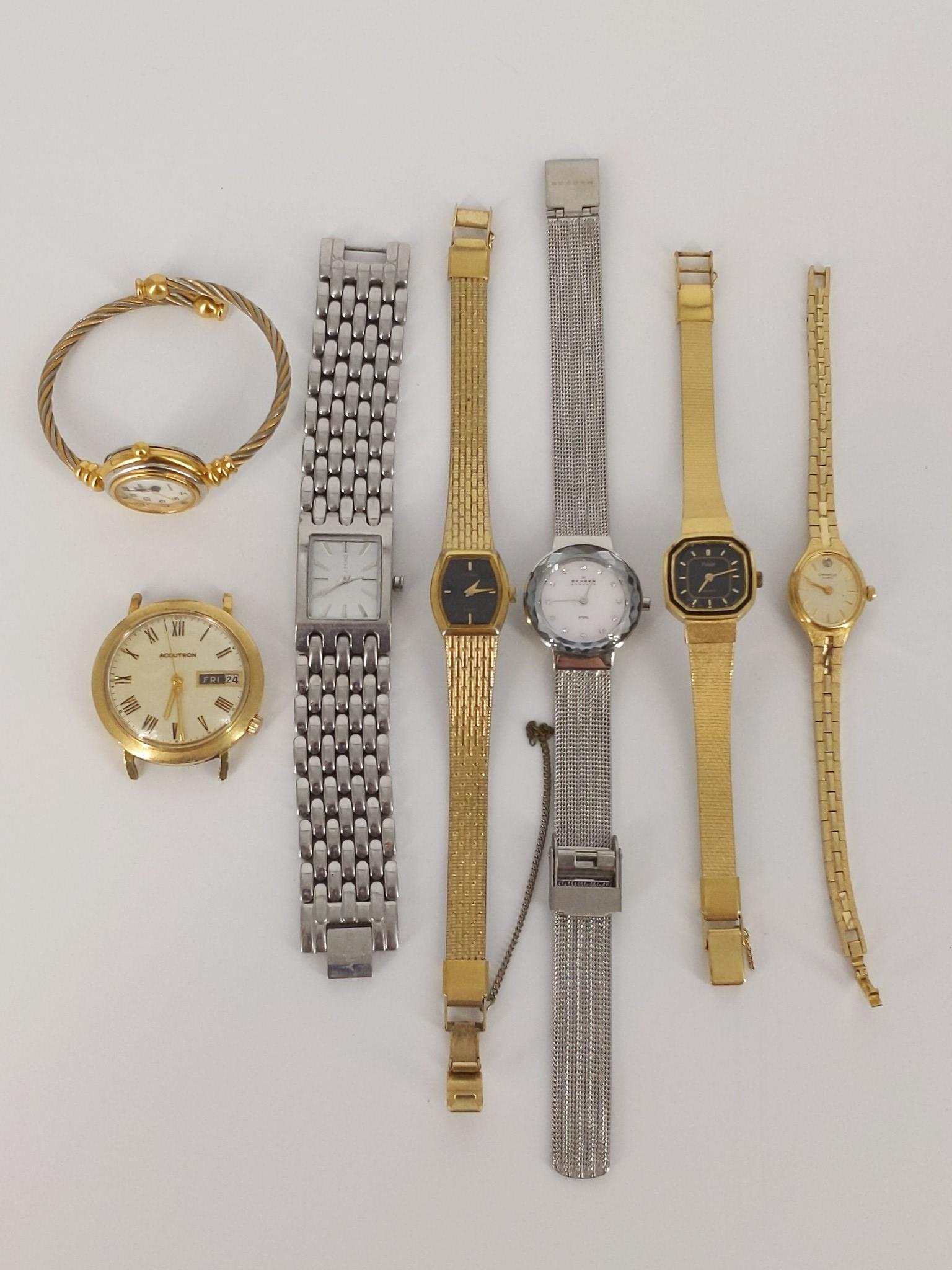 Six Watches + Watch Face: Six Watches + Watch Face Four yellow metal + one watch face, two white metal (one with clear stones). Vintage - modern ages with styles from Skagen, Accutron, DKNY, Caravelle and more. Unknown working