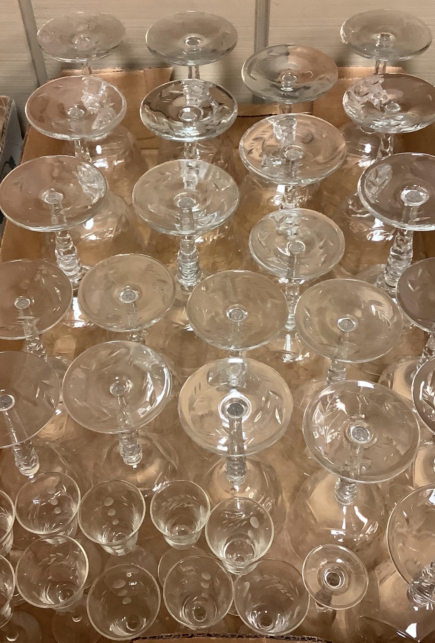 Crystal Glassware, 11 wine goblets, 12 small wine: Crystal Glassware, 11 wine goblets, 12 small wine goblets and 11 cordial glasses.