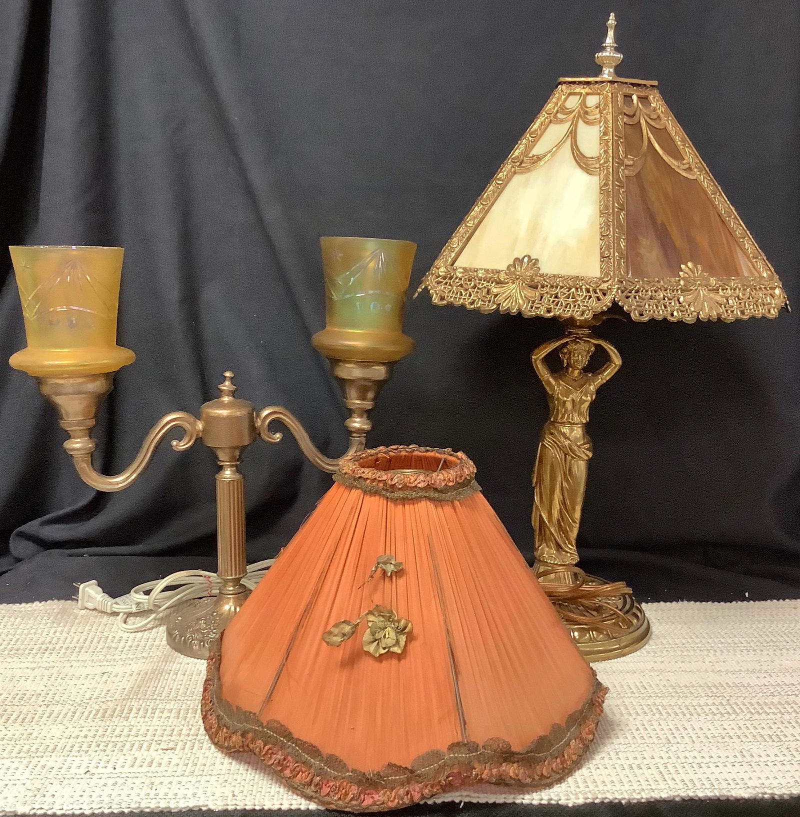 Lot of (2) lamps & (1) shade. Lady lamp w/ slag glass (1 of 4)
