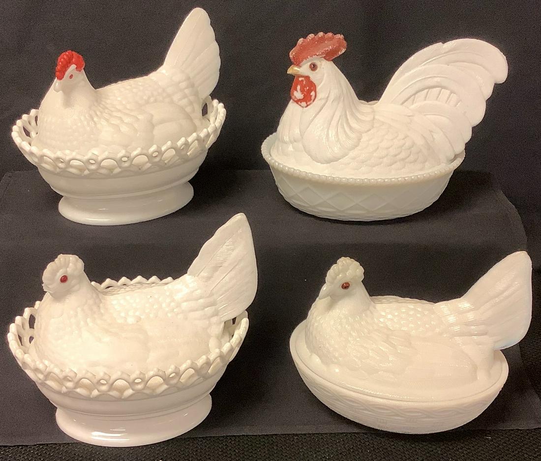 4 assorted Fenton milk glass hens on nests. One hen has (1 of 4)