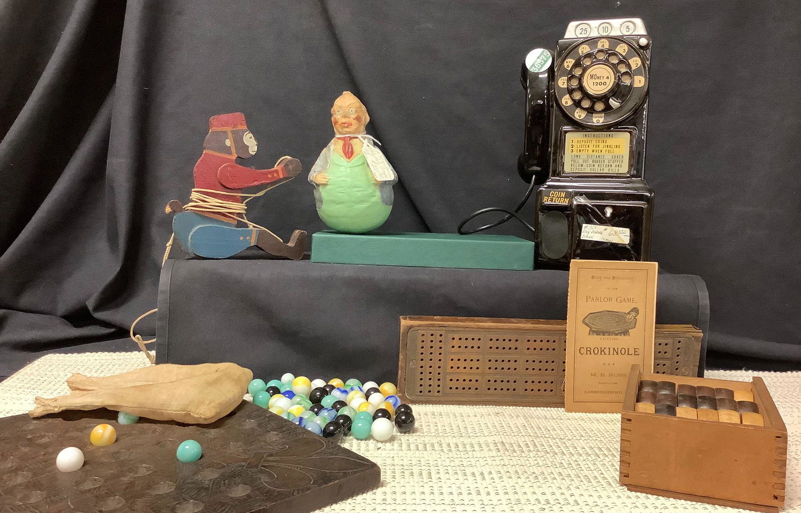 Lot of misc old marbles, games, phone bank, composition (1 of 1)