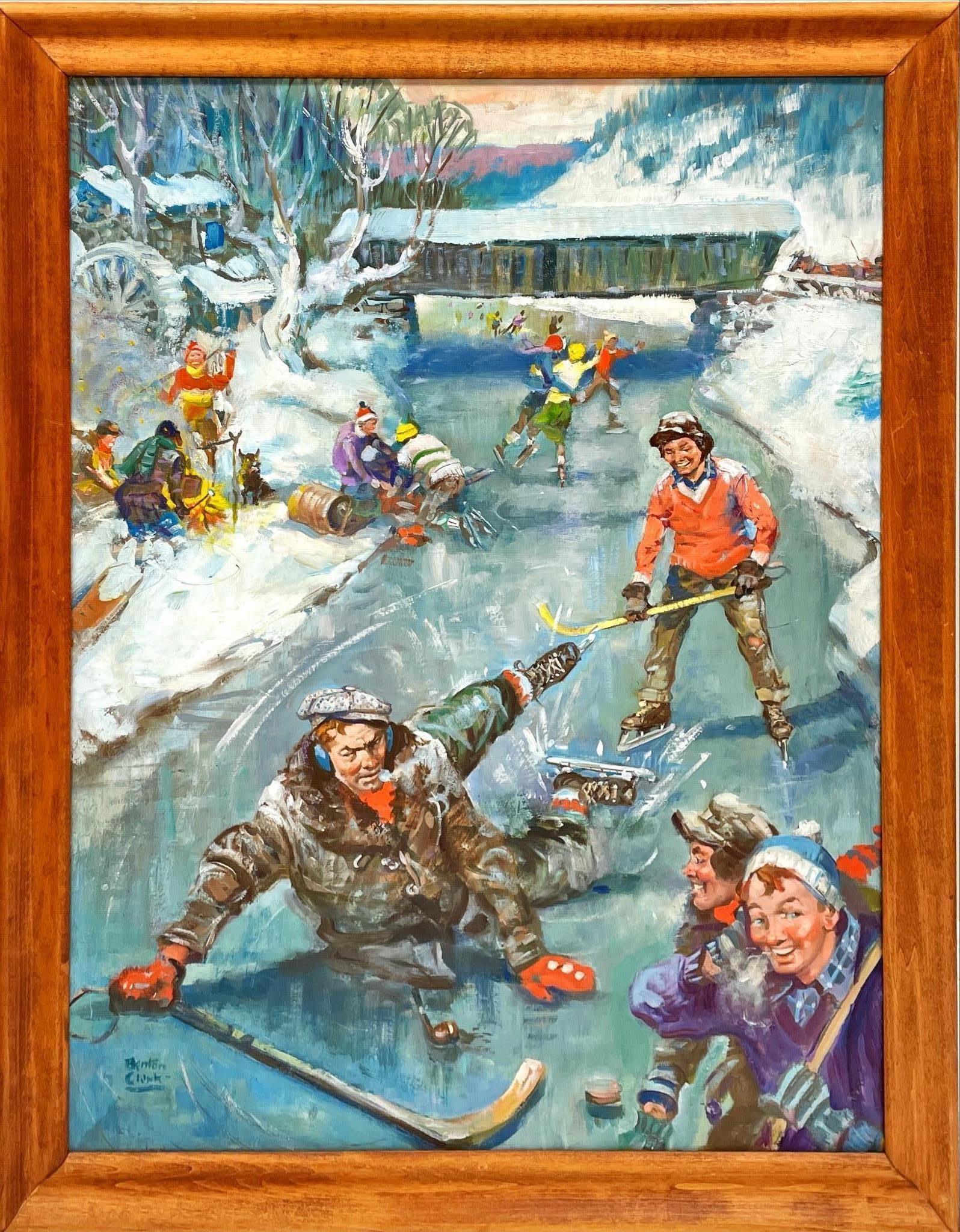 Benton Clark oil on board, “Ice Skating”. (1 of 2)