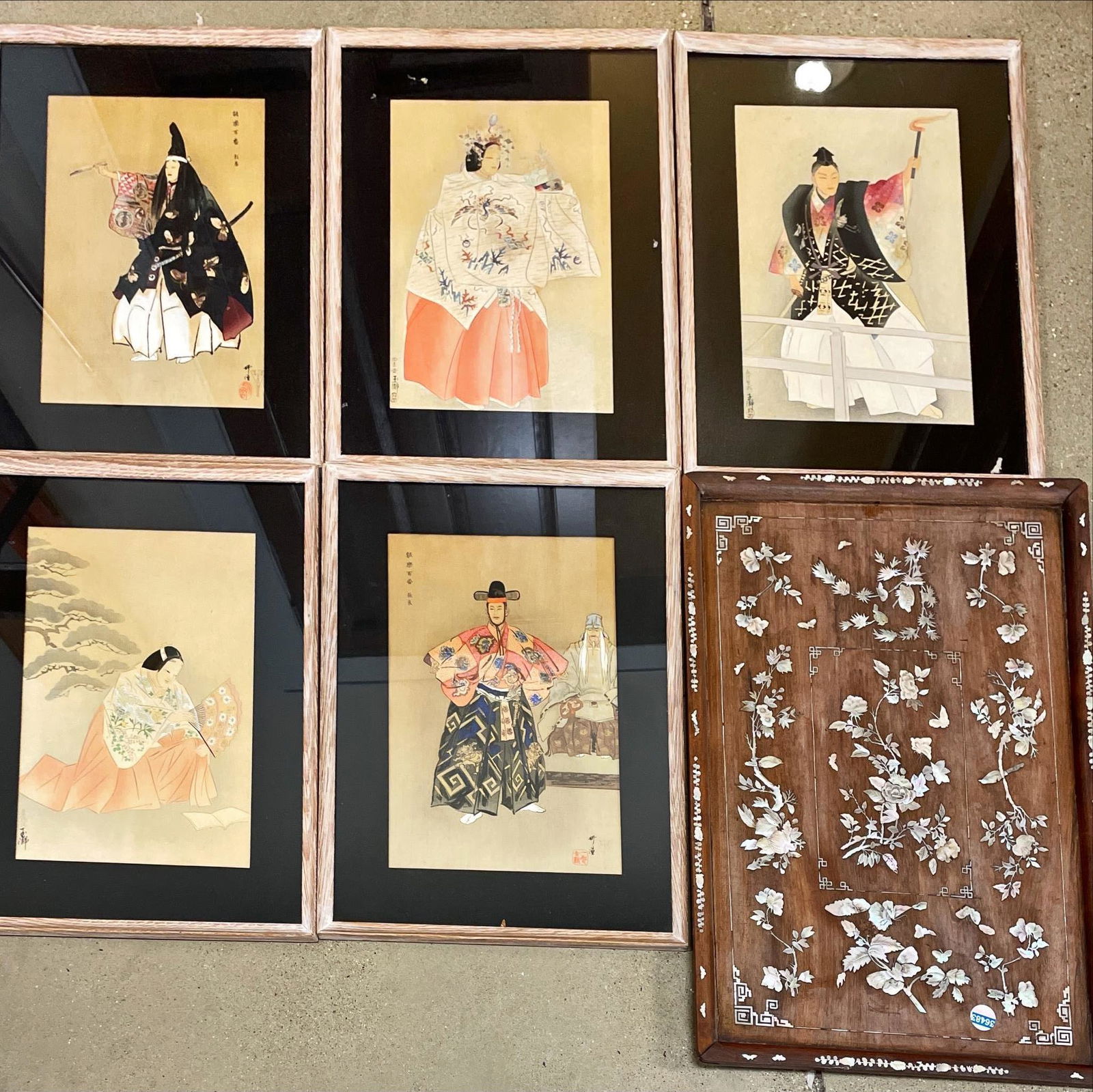 5 Asian pictures and matching frames and wooden tray (1 of 1)
