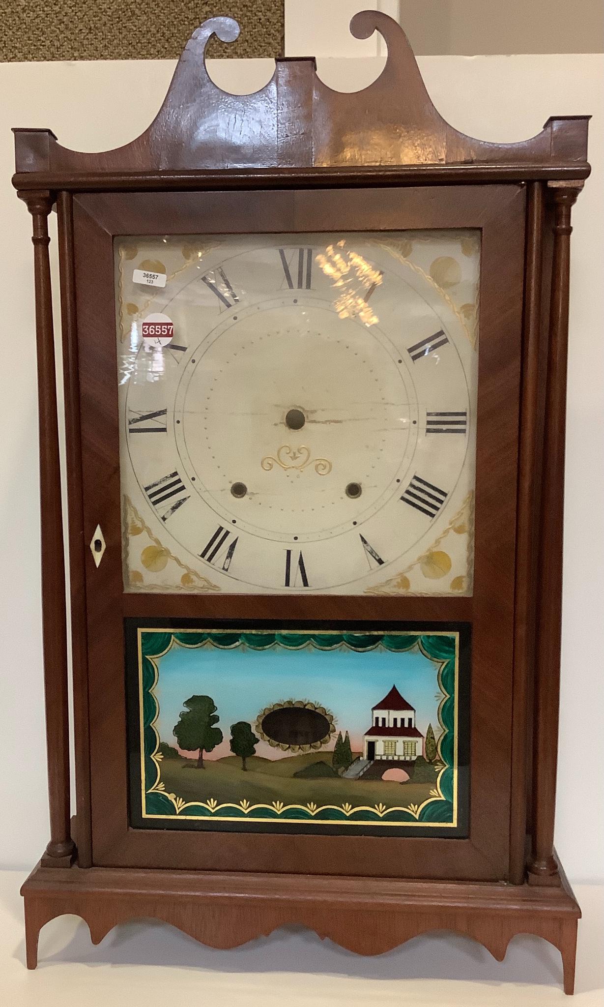 Mahogany pillar and scroll clock with reverse painted (1 of 2)