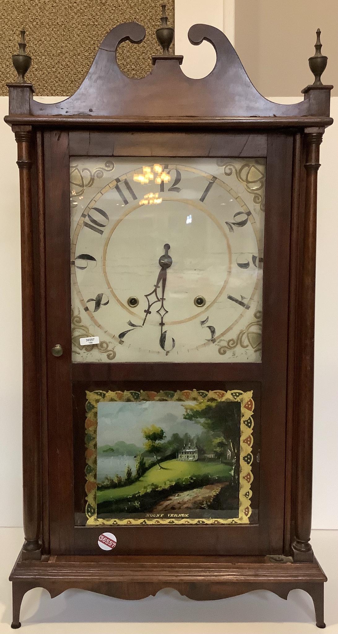 Mahogany pillar and scroll clock with reverse painted (1 of 3)