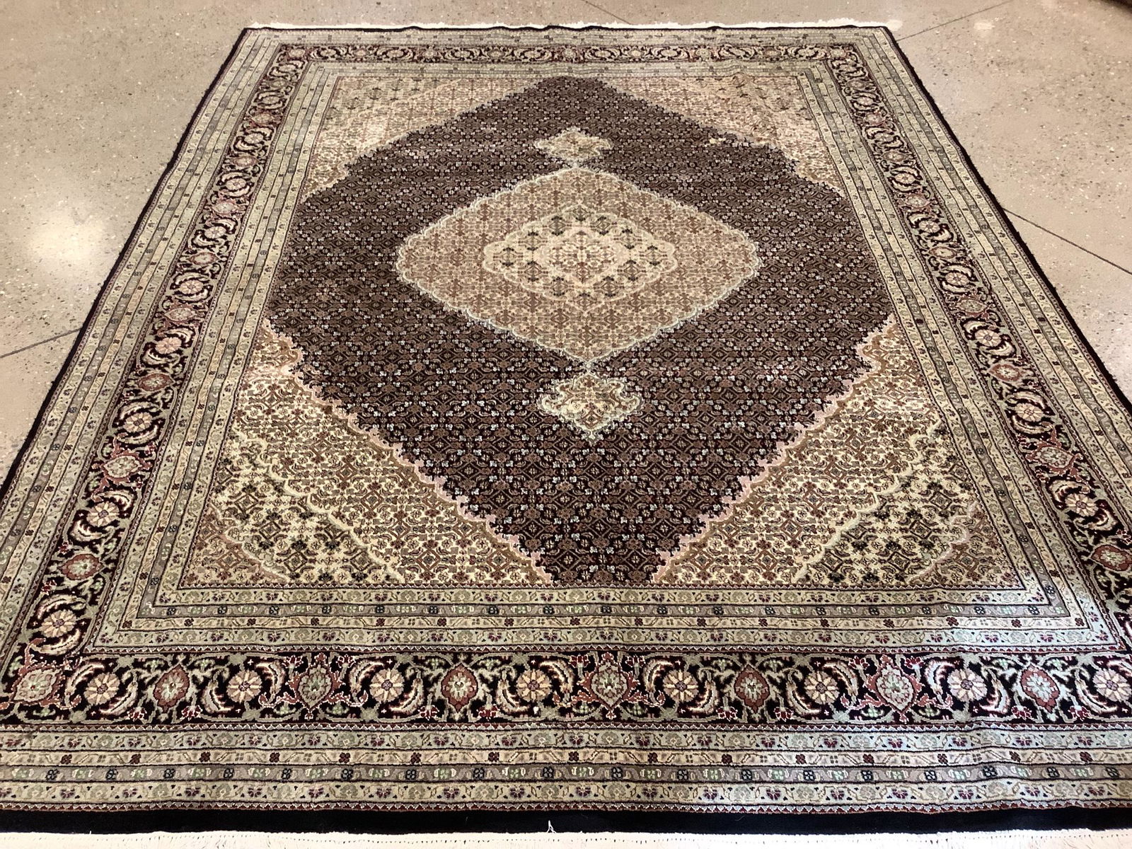 Indo Tabriz silk and wool rug 9'x12'. Moth damage (1 of 8)