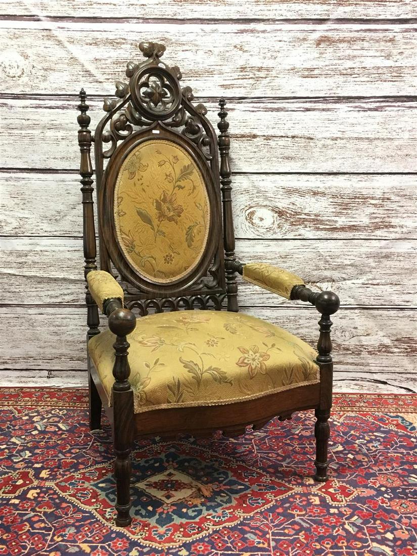 ROSEWOOD VICTORIAN GOTHIC OPEN ARM CHAIR WITH TAPESTRY: Rosewood victorian gothic open arm chair with tapestry upholstery, 52"