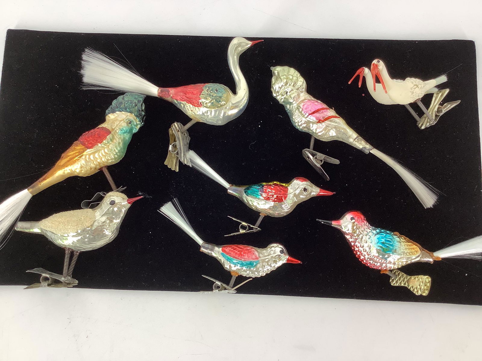 Antique blown glass Christmas Tree Ornaments of: Antique blown glass Christmas Tree Ornaments of birds.Count of 8 with clips
