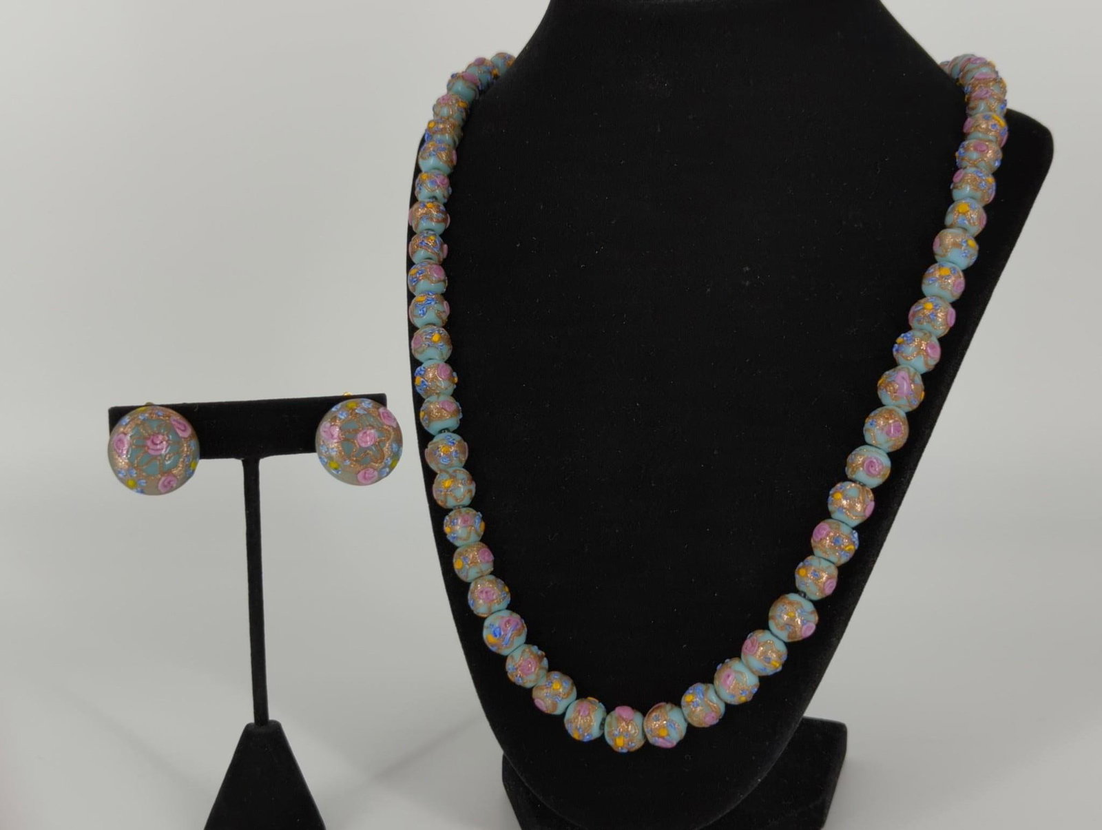 Painted Glass Jewelry Set: Painted Glass Jewelry Set Hand-made with painted blue glass beads, floral motif, with original tag, made in Italy, vintage age, necklace has screw clasp closure and measures 22" (matinee length), matc