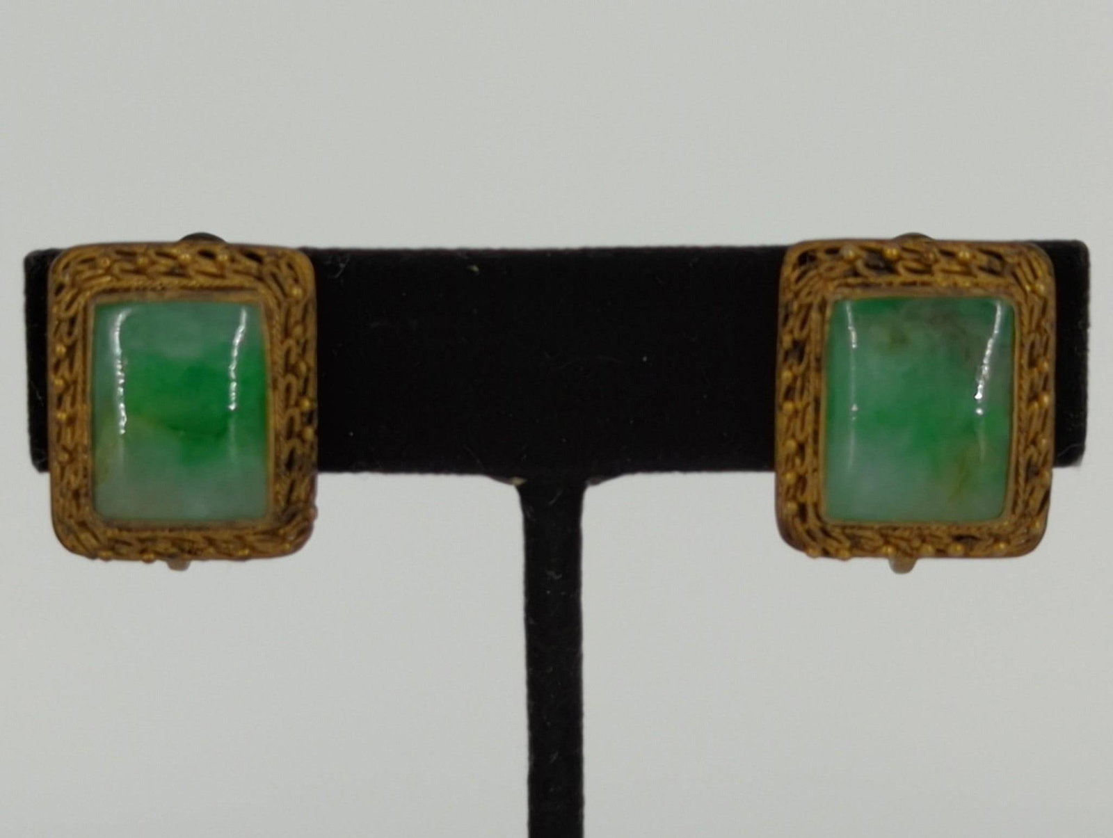 Sterling/Vermeil and Jade Earrings: Sterling/Vermeil and Jade Earrings Antique - vintage age, made in China, sterling silver with gold plating (vermeil), screw back closures, 9.7 grams total weight, with jade cabochon center stones, mea