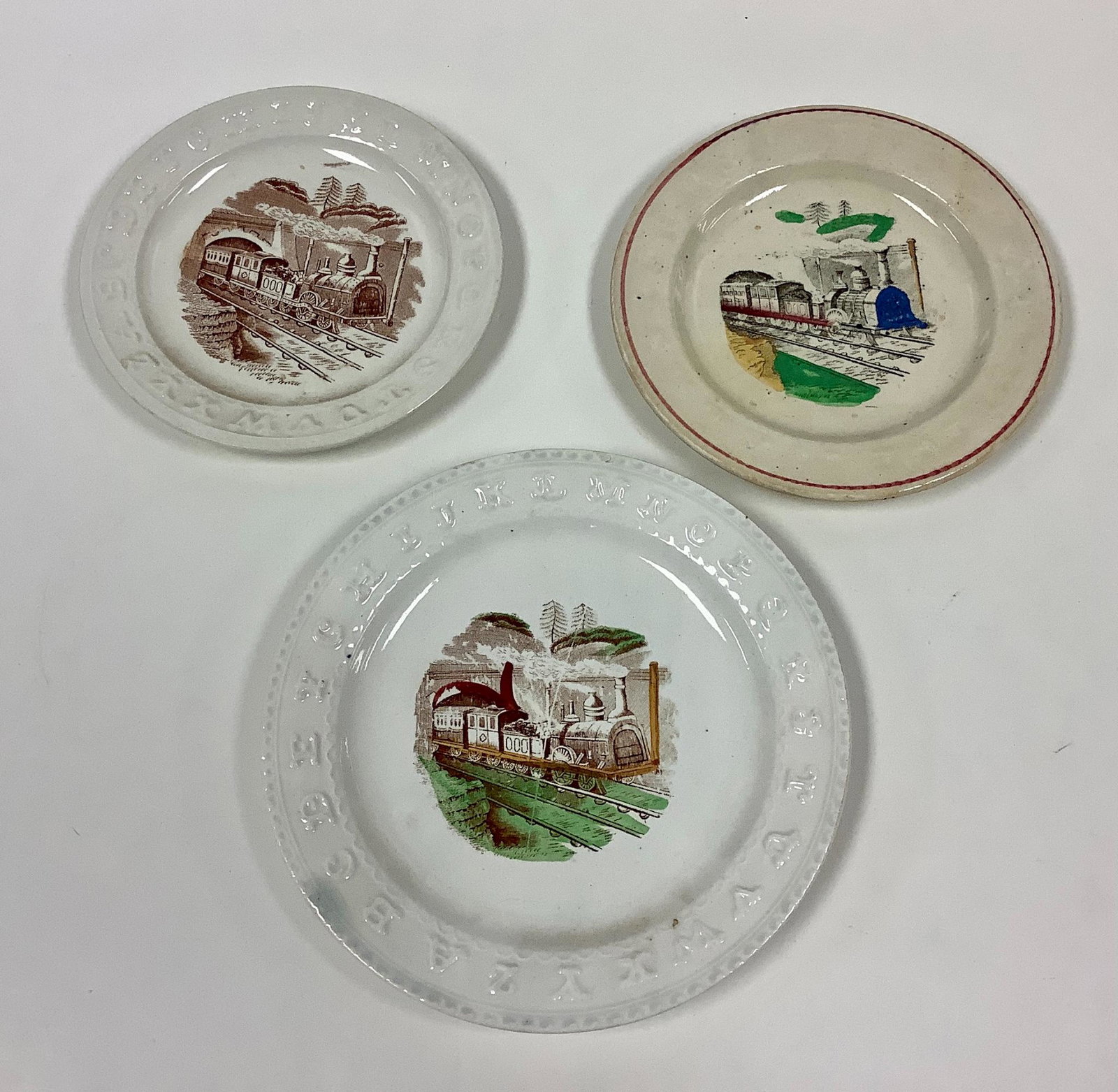 3 Early Staffordshire type ABC Plates, railroad (1 of 2)