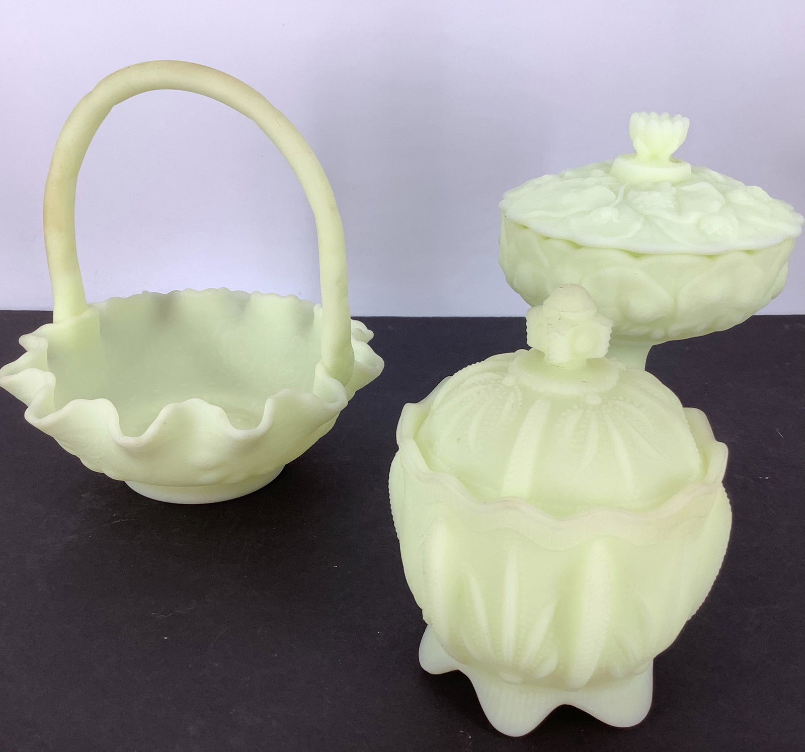 Fenton Yellow Custard three pieces. Uranium, Water: Fenton Yellow Custard three pieces. Uranium, Water Lilly, and 9" Basket dish.