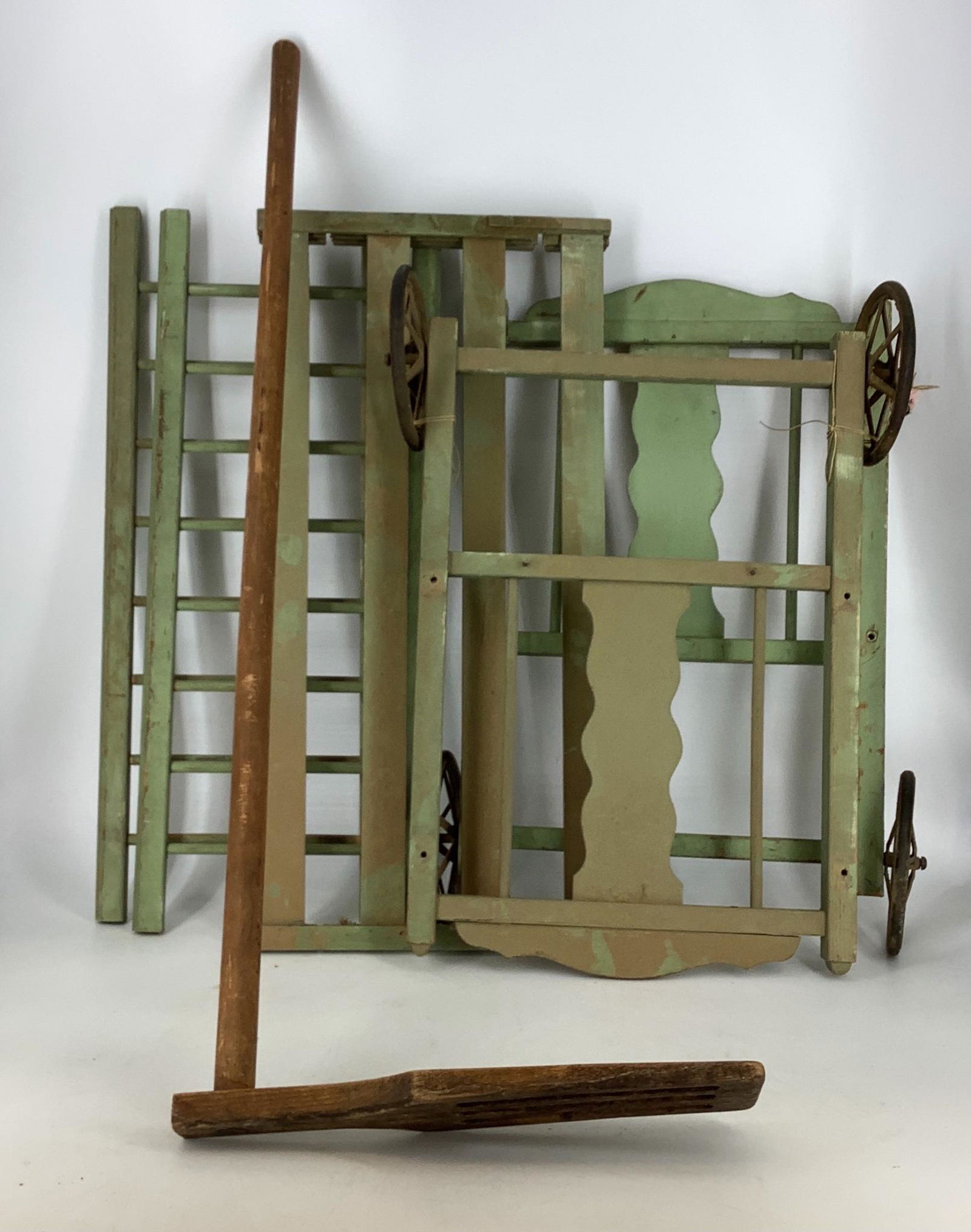 35" wooden apple butter stick and green painted wooden: 35" wooden apple butter stick and green painted wooden baby cradle with wheels
