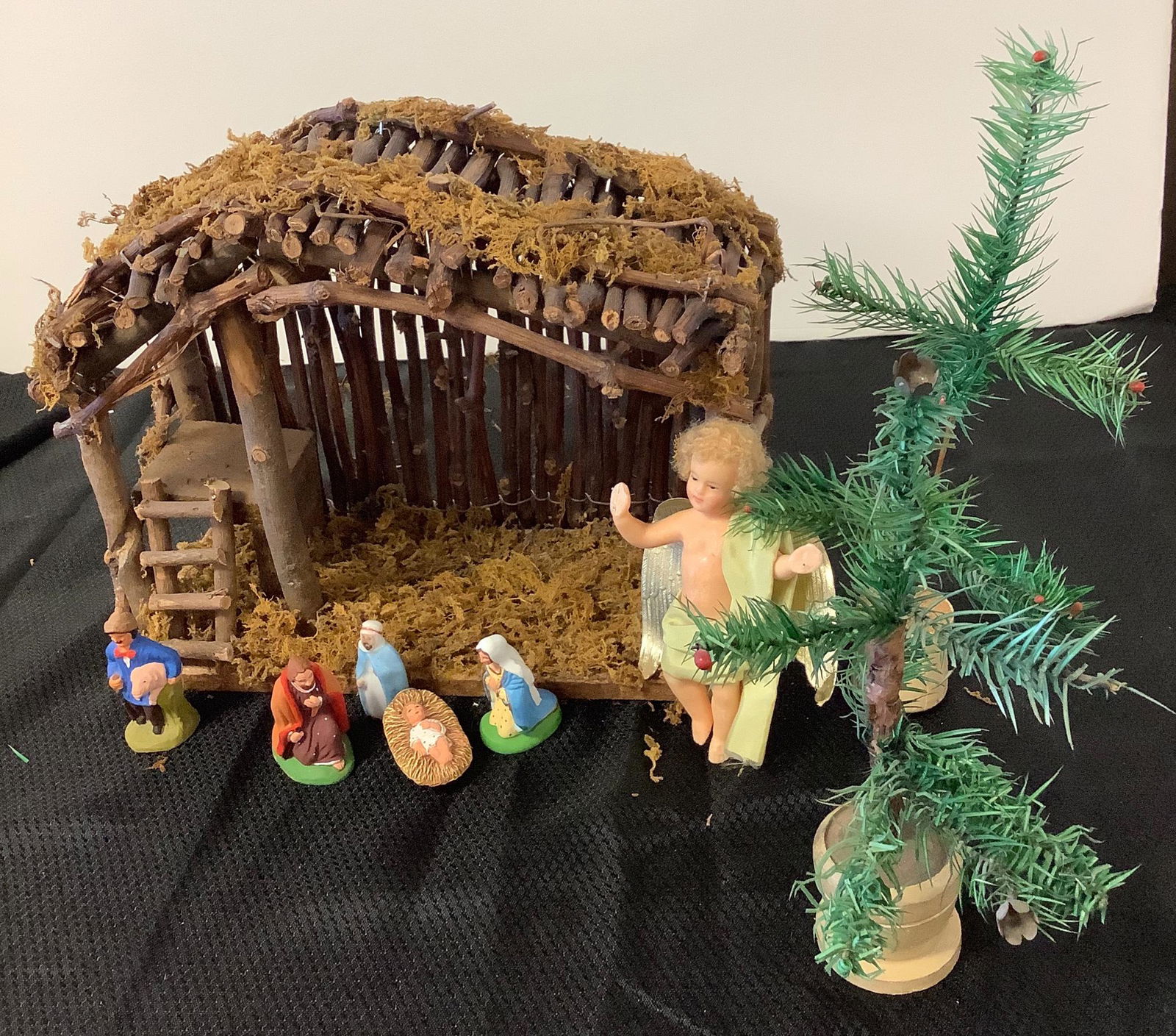 Vintage wooden nativity set made with moss & twigs, 9" (1 of 1)