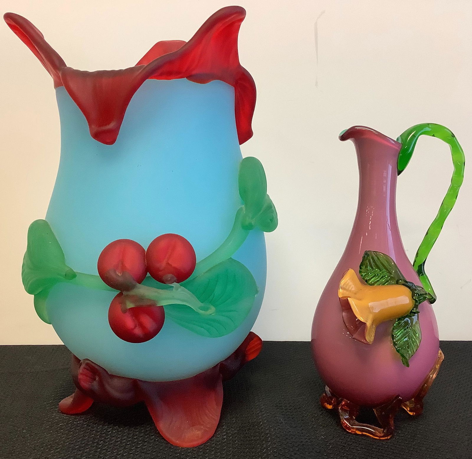 Opaque blue glass vase with red trim and applied glass (1 of 1)