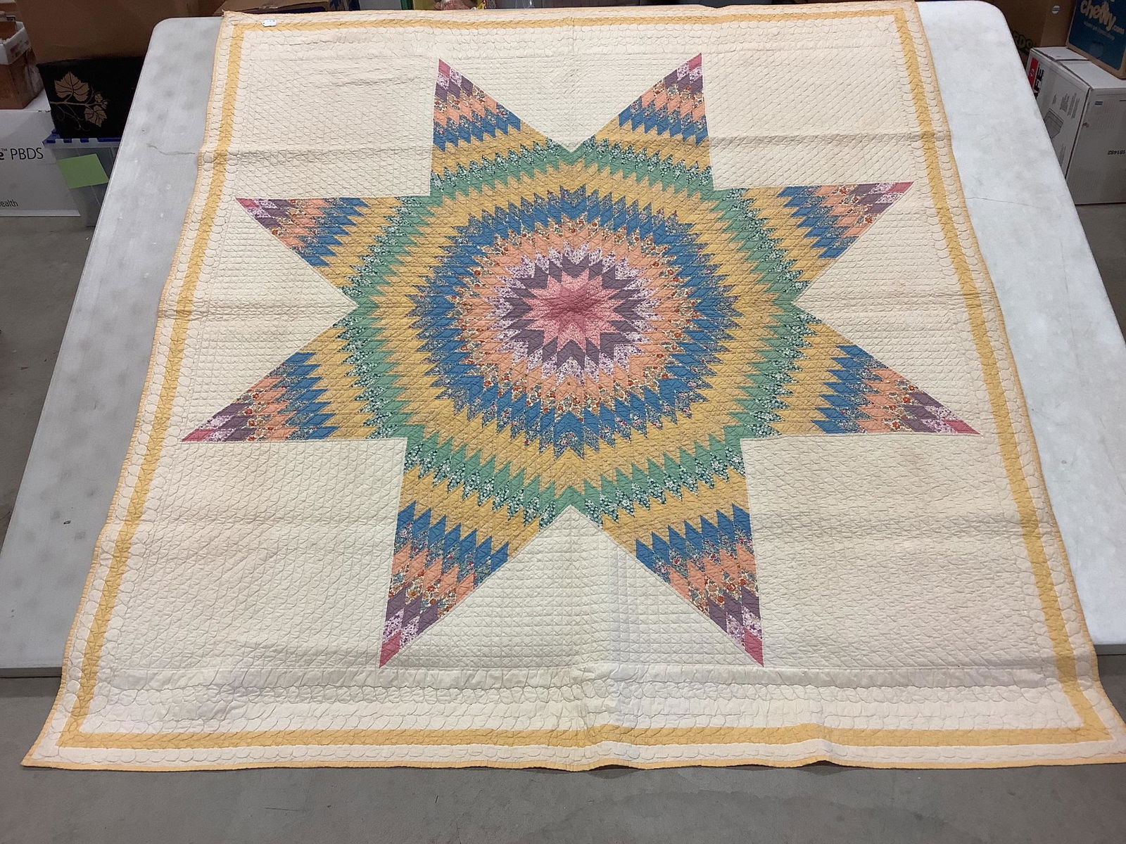 8 point star quilt. Minor staining. 80" x 74". (1 of 3)