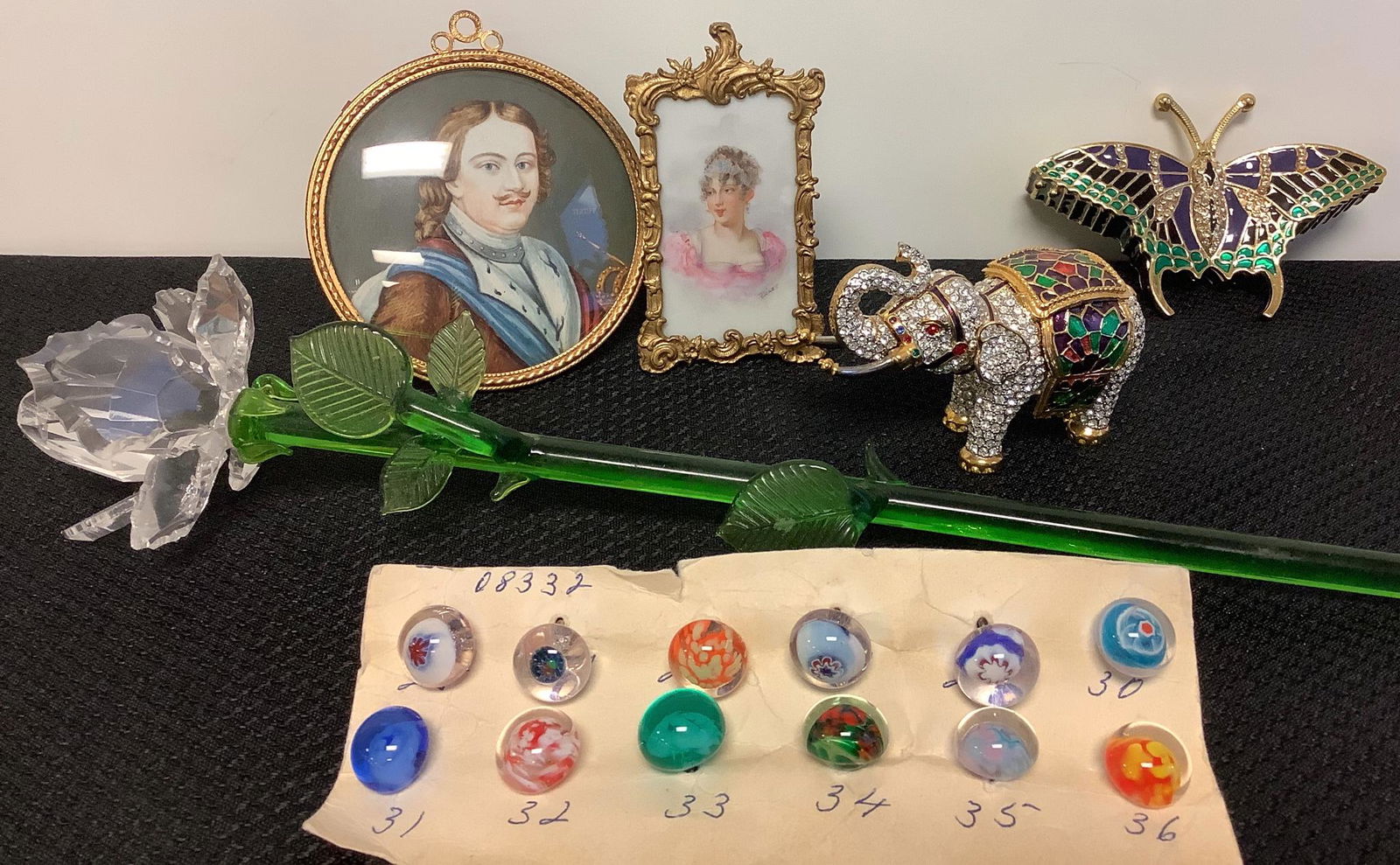 Clear glass flower with green glass stem, 13.75"l. Two (1 of 2)