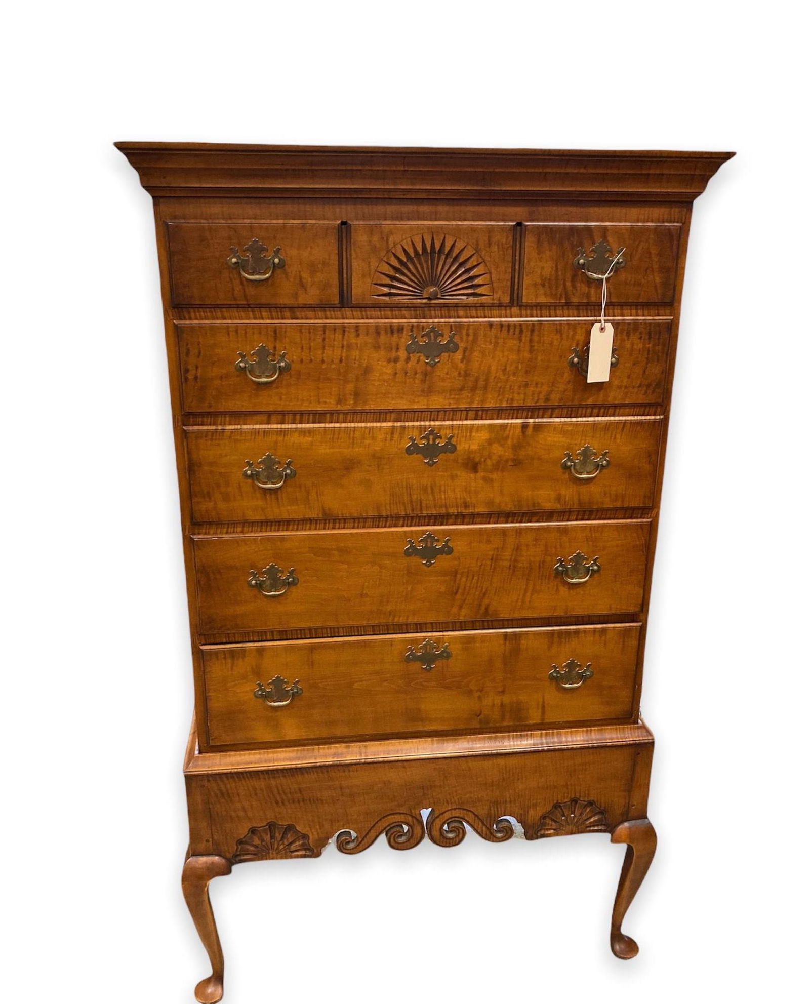 Queen Anne style tiger maple tall chest on frame by (1 of 6)
