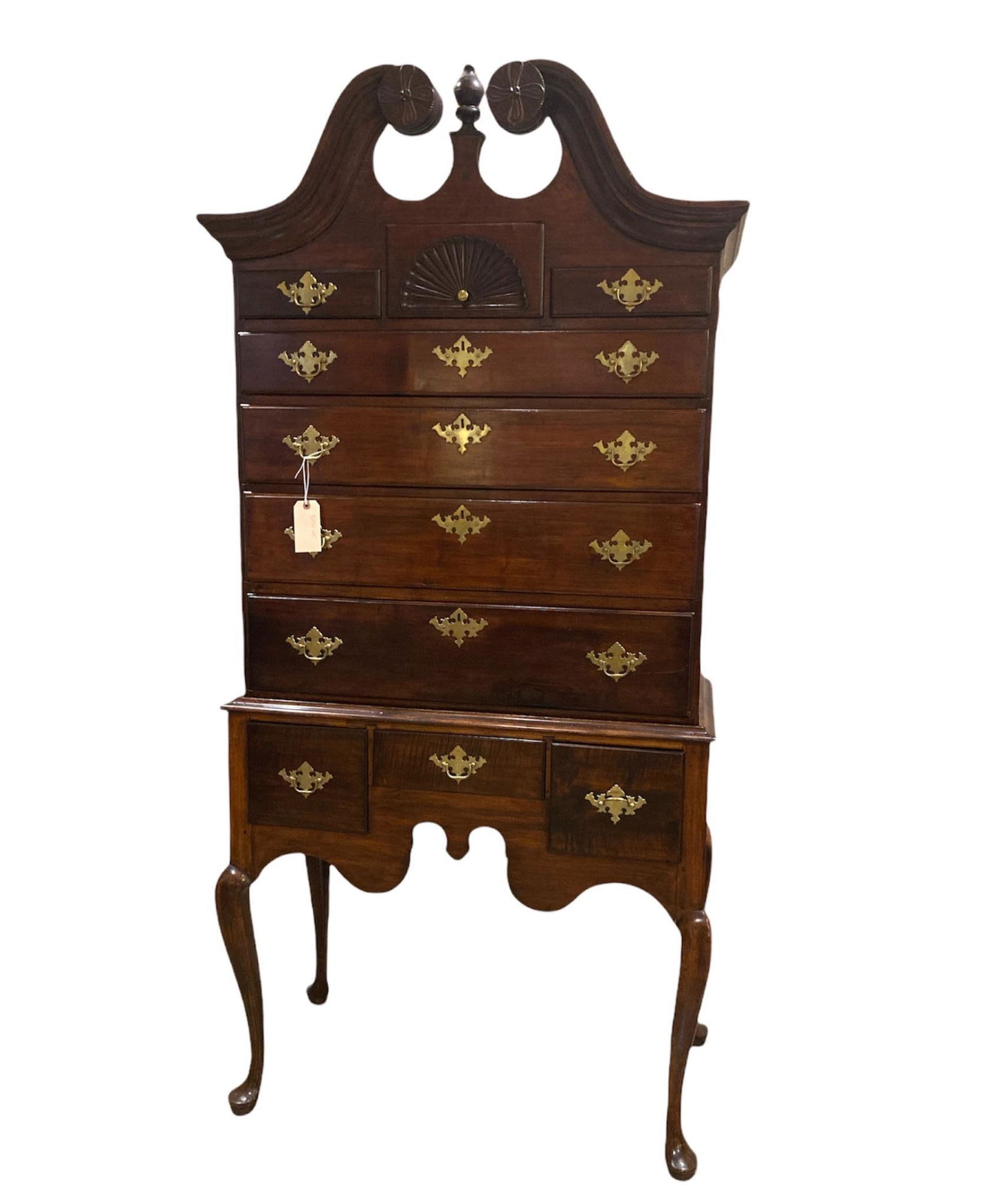 Maple Queen Ann High boy with dark stain with broken (1 of 5)