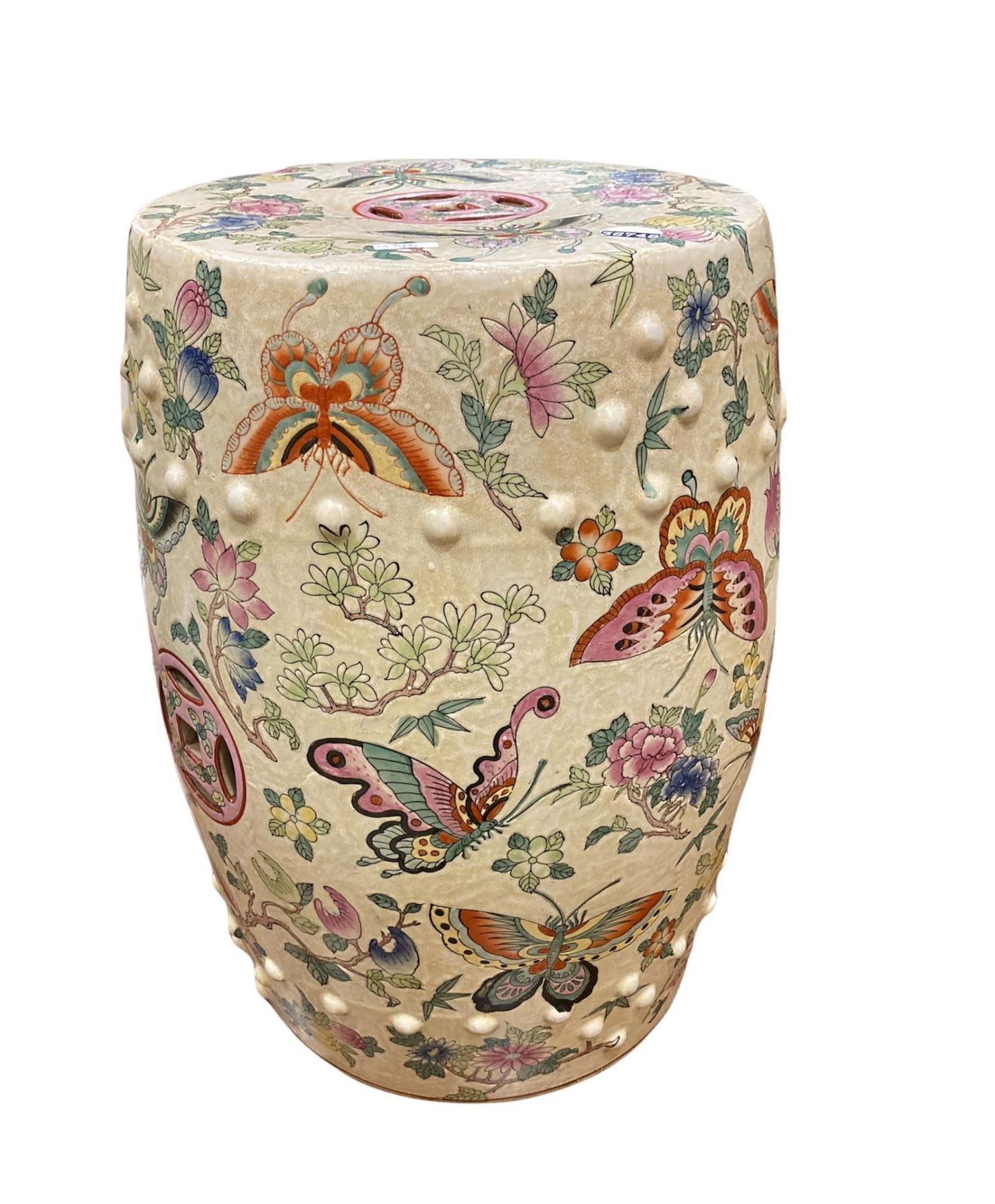 Chinese multiple colors barrel drum garden seat.19": Chinese multiple colors barrel drum garden seat.19" high. This lot from DeBow Freed Trust.