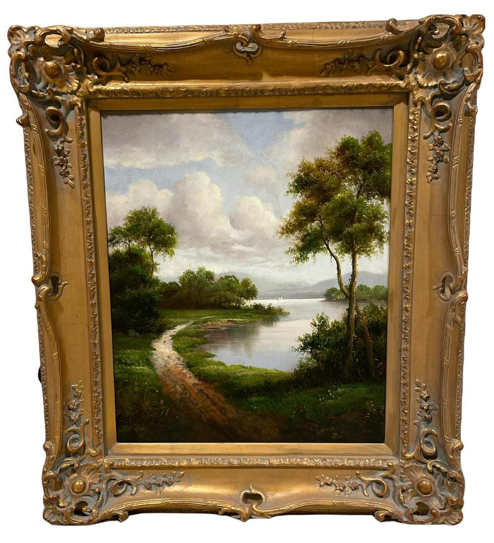 Oil on canvas landscape lake scene. Signed lower right. (1 of 2)