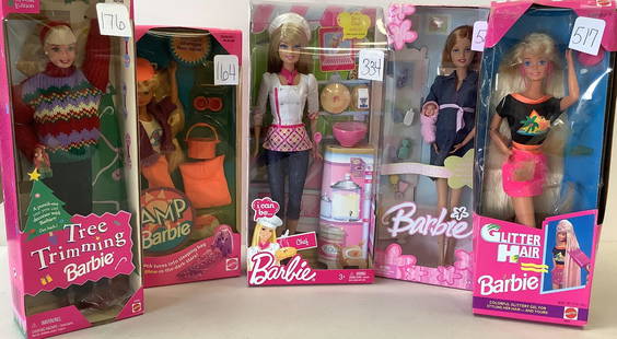 Lot of 5 Barbie's including Tree Trimming Barbie,: Lot of 5 Barbie's including Tree Trimming Barbie, Skipper Camp Barbie, Chef Barbie, Midge & Baby Barbie and Glitter Hair Barbie. Damage to some boxes.