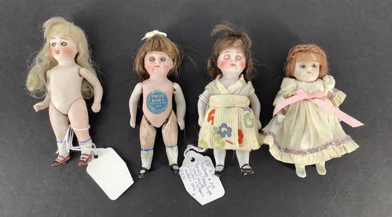 Lot (4) small all-bisque dolls. 4"-4 1/4" dolls with: Lot (4) small all-bisque dolls. 4"-4 1/4" dolls with one-piece head/torsos, mohair wigs, glass eyes (three sleep), jointed arms and legs. Includes Kestner 160 with open/closed mouth, Kestner 208 with