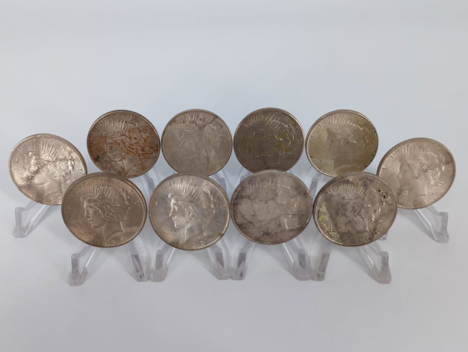Ten U.S. Silver Peace Dollar Coins (1 of 11)