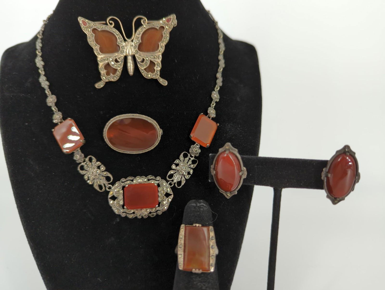 Silver, Carnelian Stone and Marcasite Jewelry Set (1 of 18)