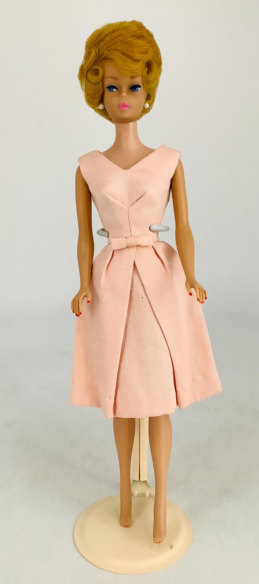 Blonde Bubblecut Barbie. Pink lips, wears Belle Dress, (1 of 1)