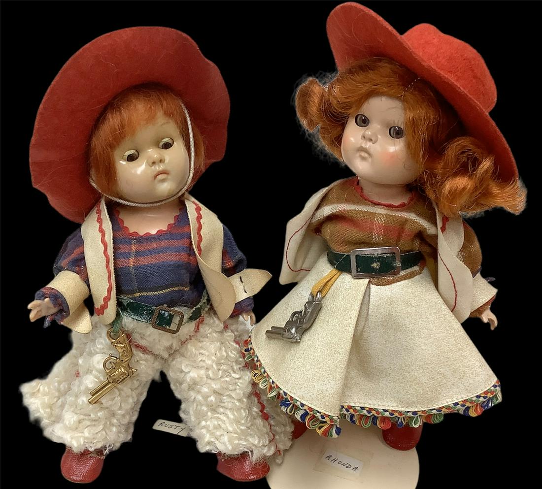 Lot of 2 Ginny hard plastic Cowboy and Cowgirl dolls @: Lot of 2 Ginny hard plastic Cowboy and Cowgirl dolls @ 8" tall. Both dolls have pistols as accessories and matching vests, both are incised as Vogue Dolls. Both dolls have red hair and his outfit also
