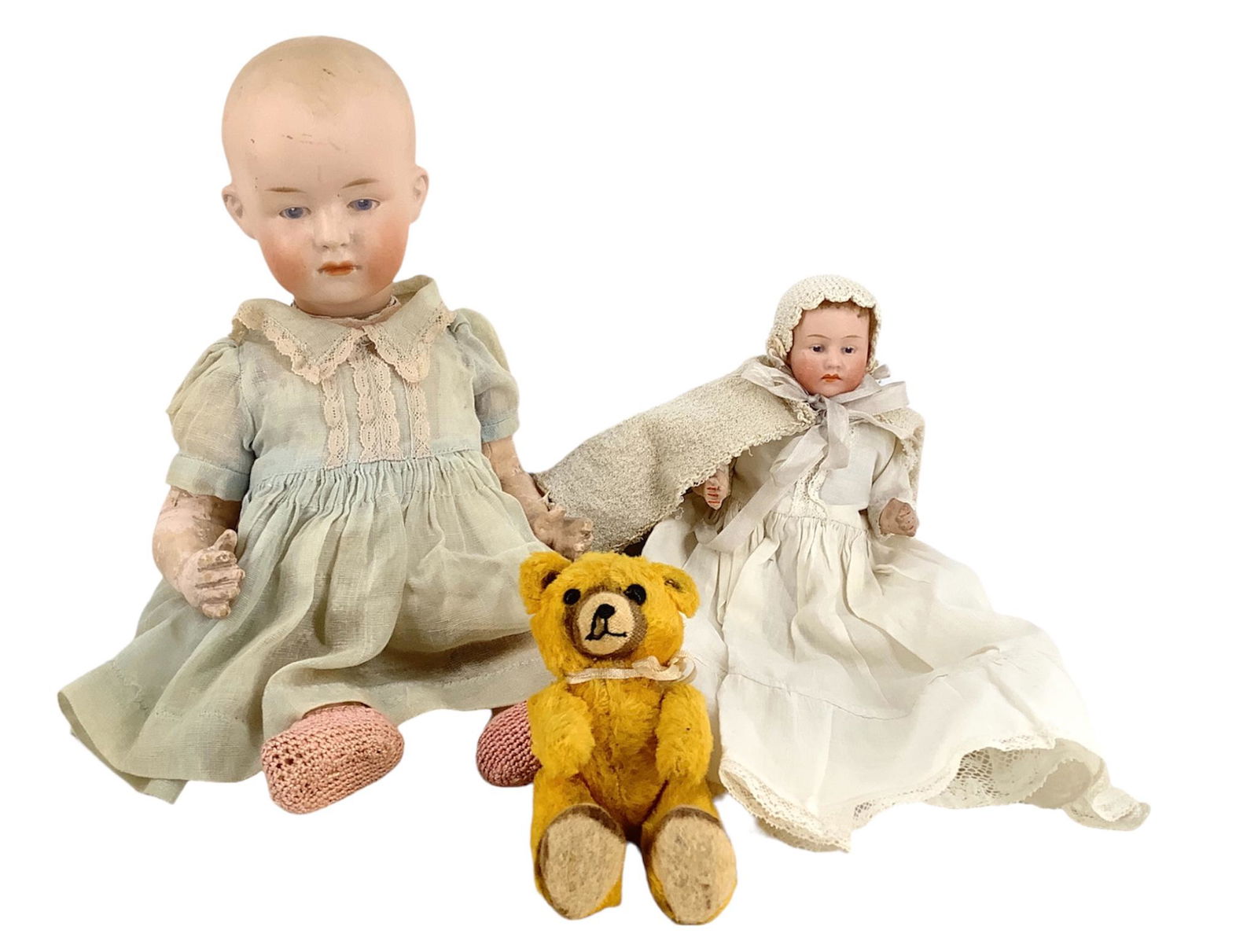 Lot of 2 dolls and bear accessory. Bisque doll in blue (1 of 3)