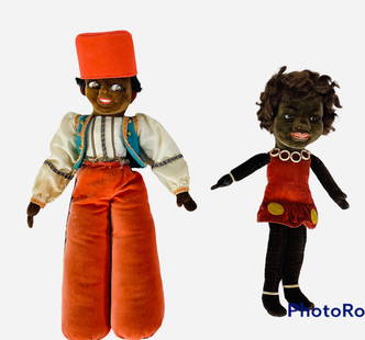 (2) English cloth character dolls. Includes 15": (2) English cloth character dolls. Includes 15" Farnell's Alpha Toys "genie" with molded and painted facial features, large side-glancing eyes, mohair wig, on stitch jointed body, label on bottom of f