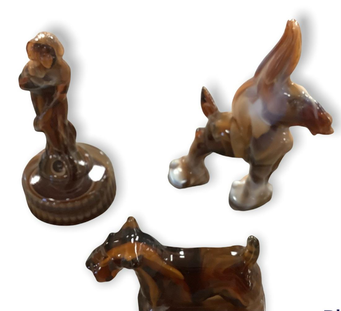 3 pieces Imperial glass, caramel slag, Donkey, Scottie,: 3 pieces Imperial glass, caramel slag, Donkey, Scottie, women Venus Rising .6.5" high.