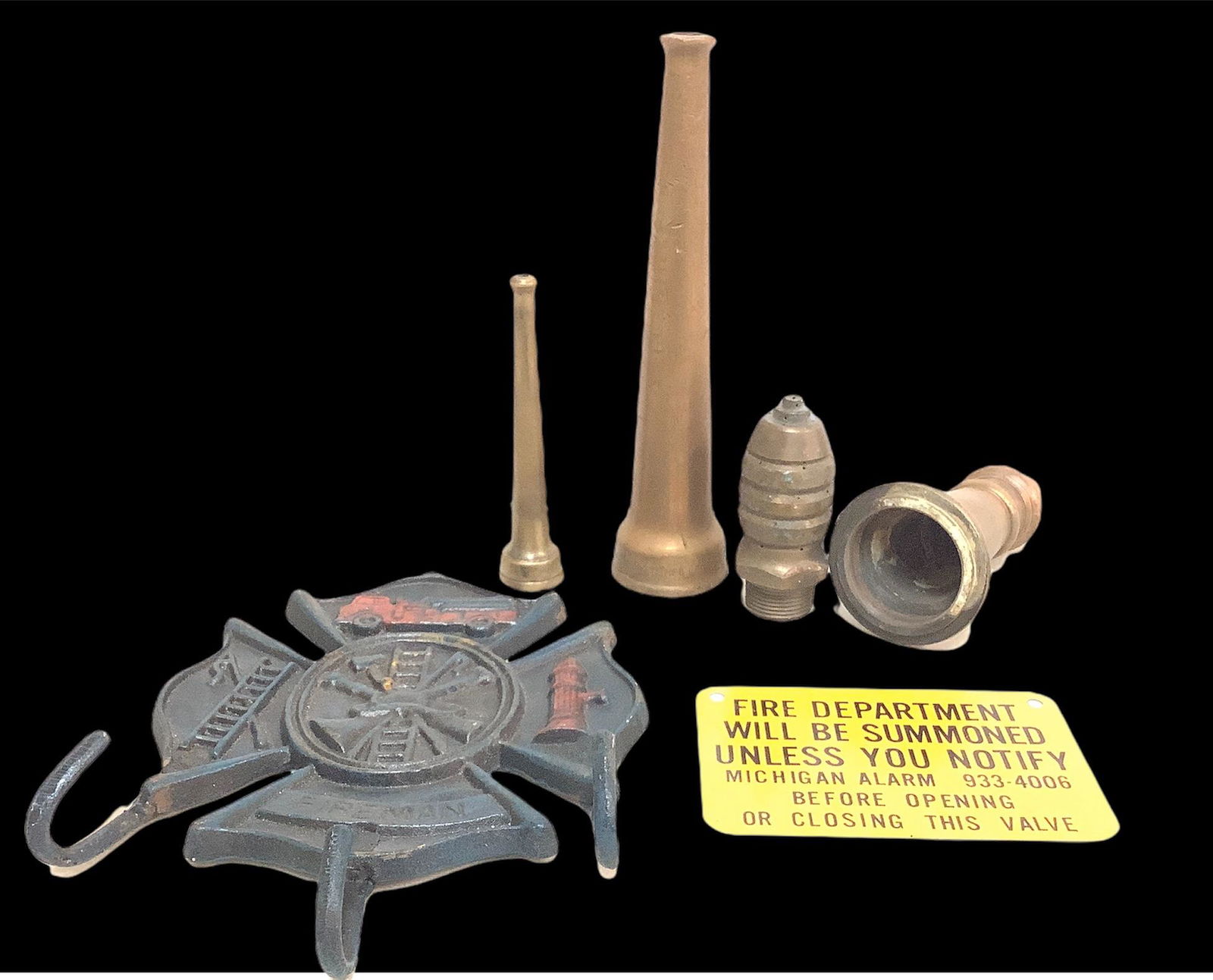 Antique 10" and 6" solid brass fire nozzles .Three-hook (1 of 2)