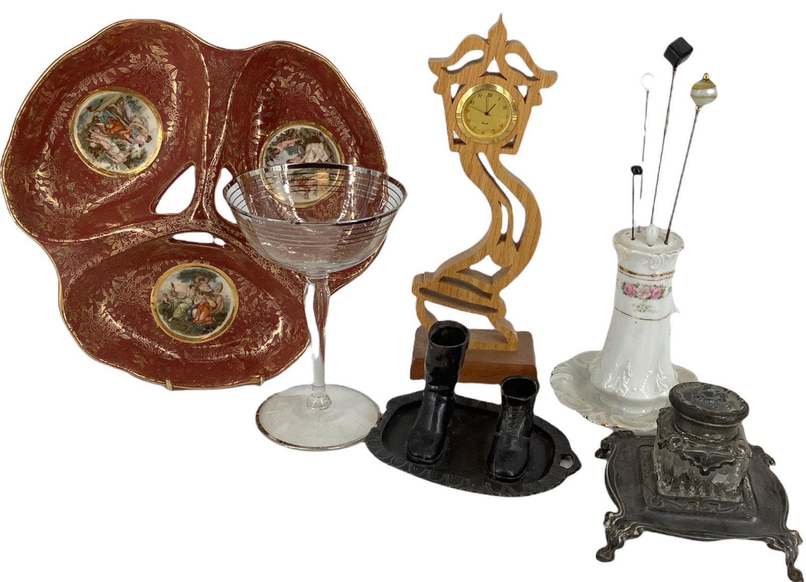 Lot of miscellaneous items including relish dish, hat: Lot of miscellaneous items including relish dish, hat pin holder and a desk clock.