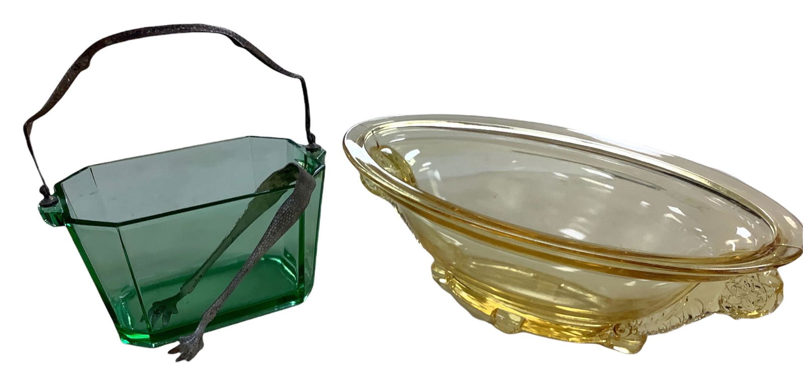 Lot of 2 Heisey pieces - green ice bucket with tongs 8" (1 of 1)