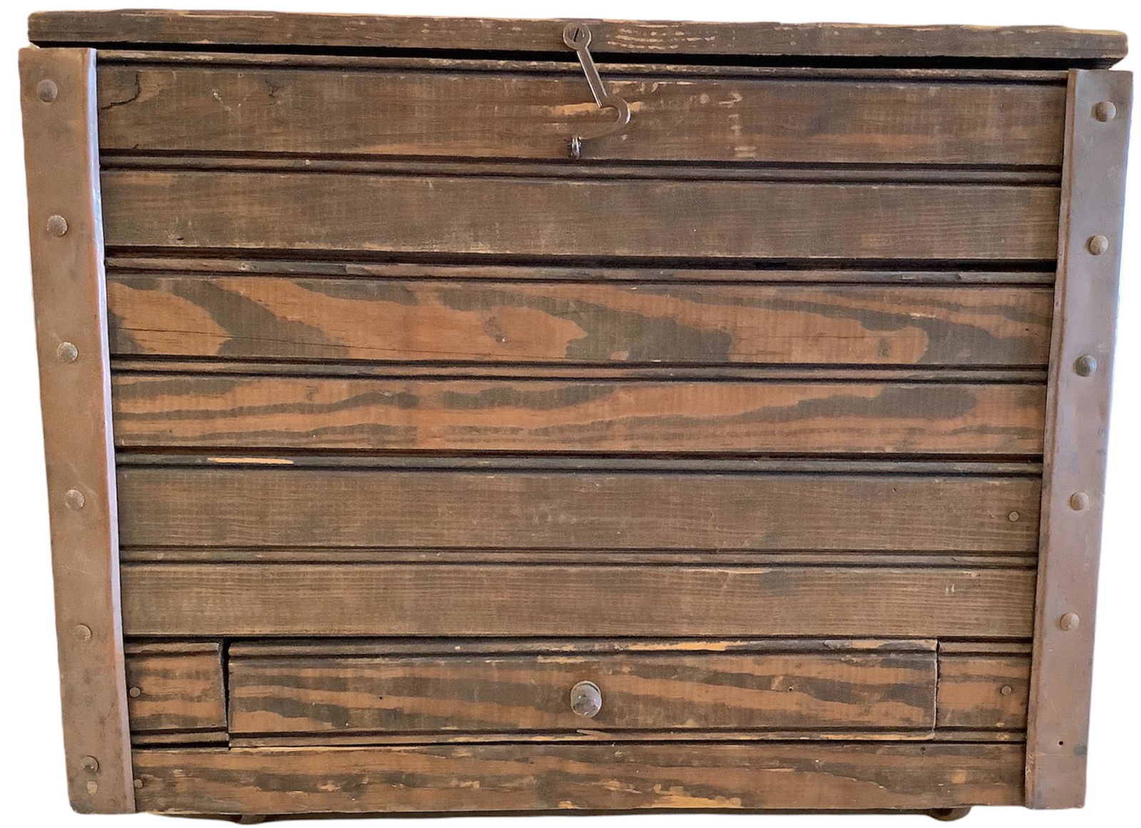 Wooden trunk with metal hardware and wheels, interior (1 of 2)