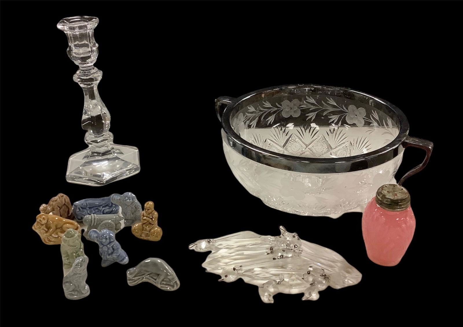 Lot of cut glass bowl with metal handles, pink glass: Lot of cut glass bowl with metal handles, pink glass shaker, 10 prisms, 8" candlestick not marked. Wade figurines.