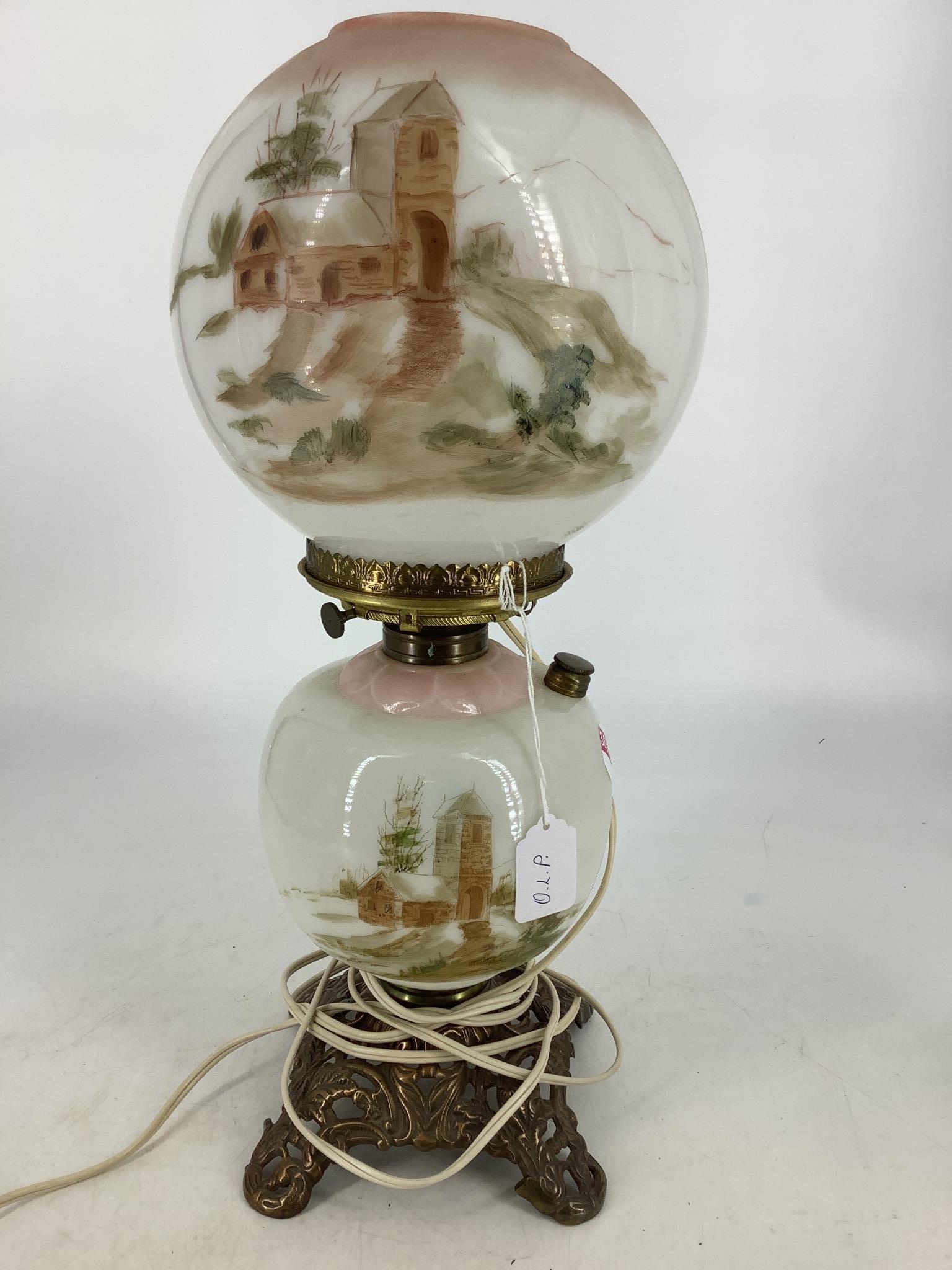 Vintage Gone With the Wind painted lamp with old mill: Vintage Gone With the Wind painted lamp with old mill scenes to front and reverse side. Was an oil lamp converted to electric. Lamp is 18" tall.